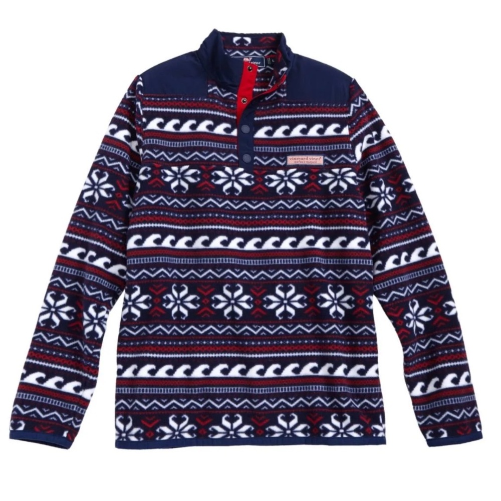 VINEYARD VINES Fair Isle Snap Placket Fleece Pullover Jacket Boys Large Blue Red